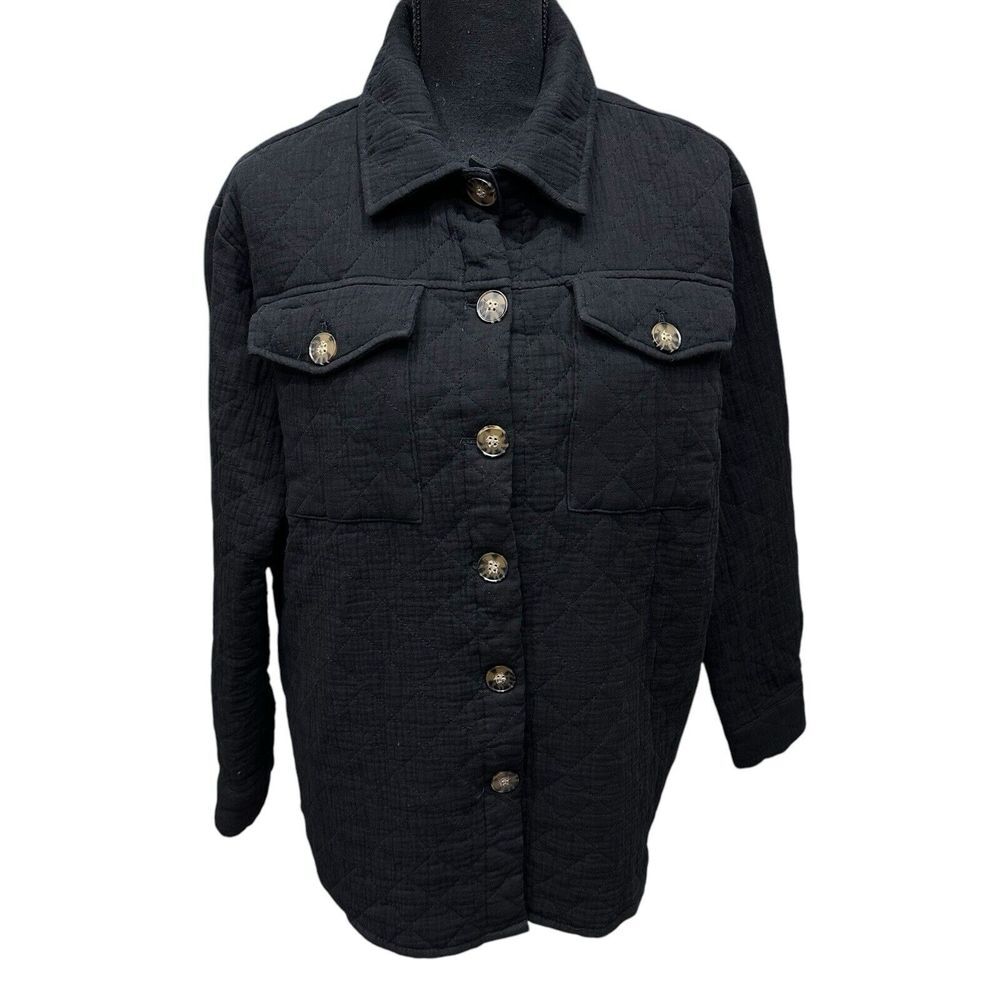Elan Quilted Jacket Women's Size Medium Black Pockets‎ Button Up